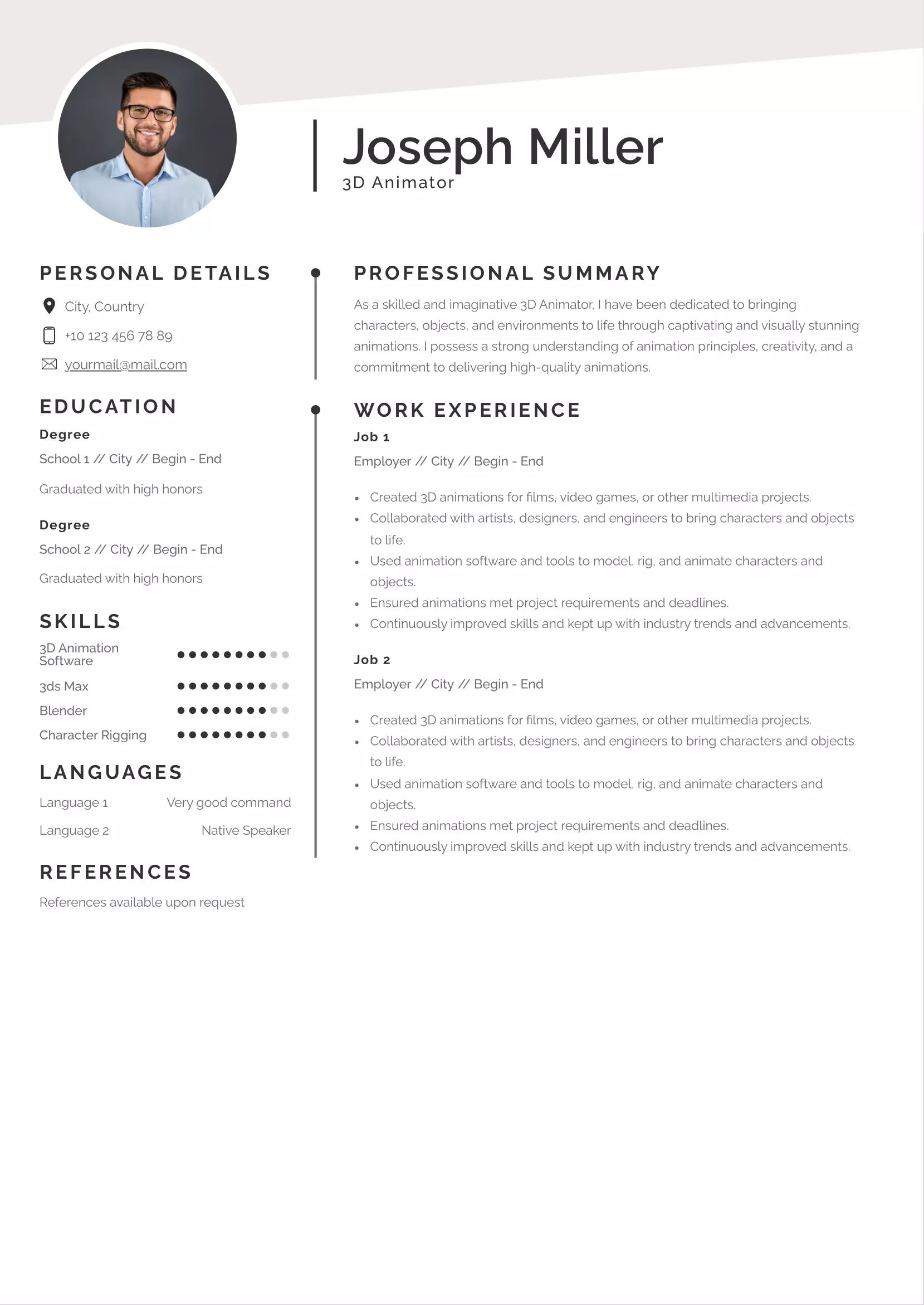 3D animator resume CV